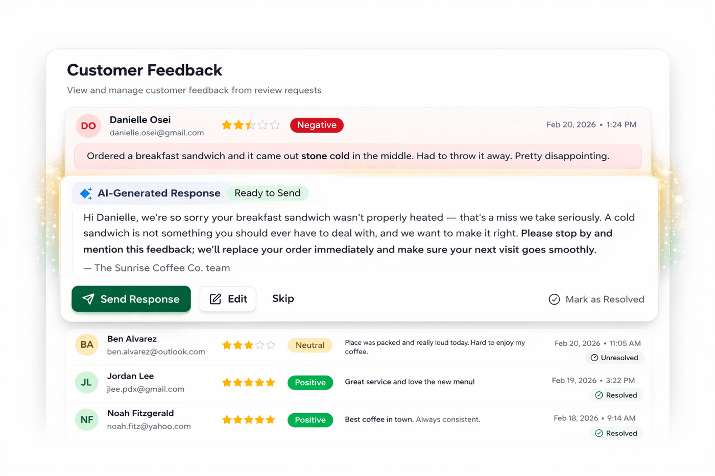 Feedback table with AI draft response